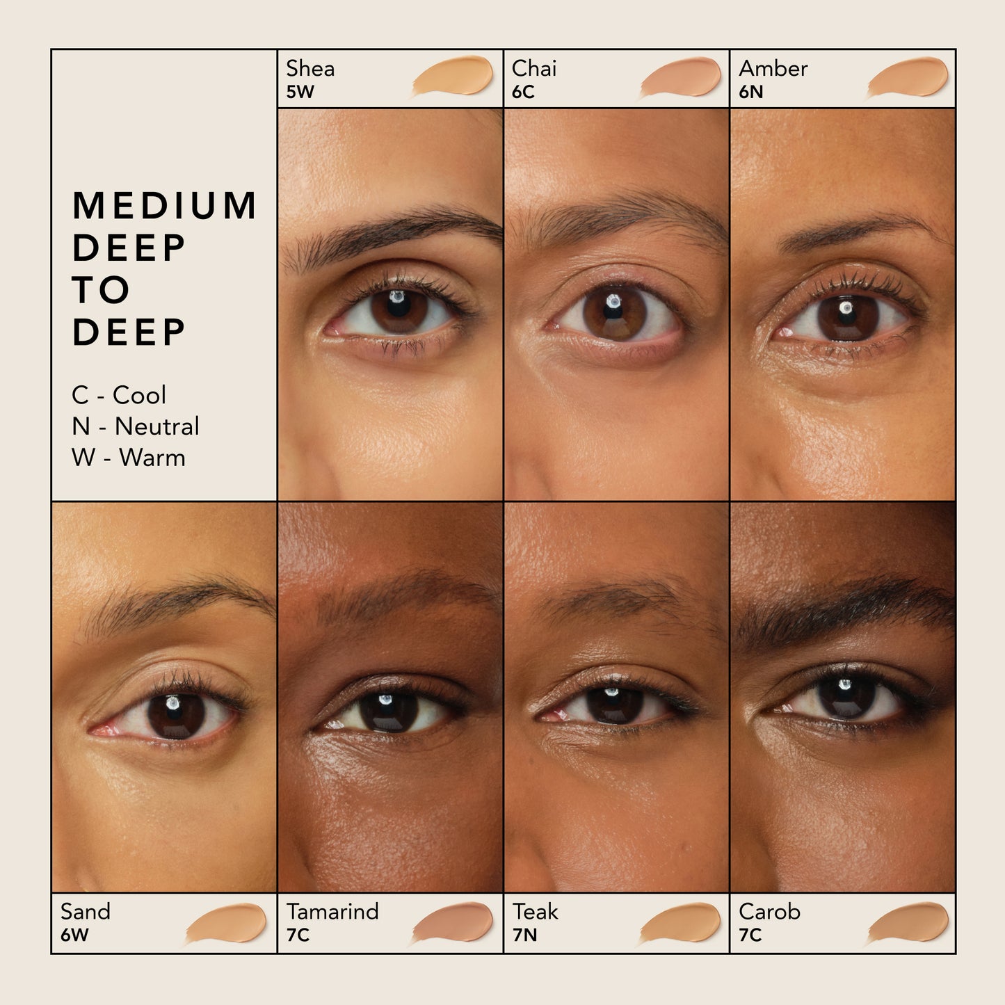 Shea, Chai, Amber, Sand, Tamarind, Teak, Carob
