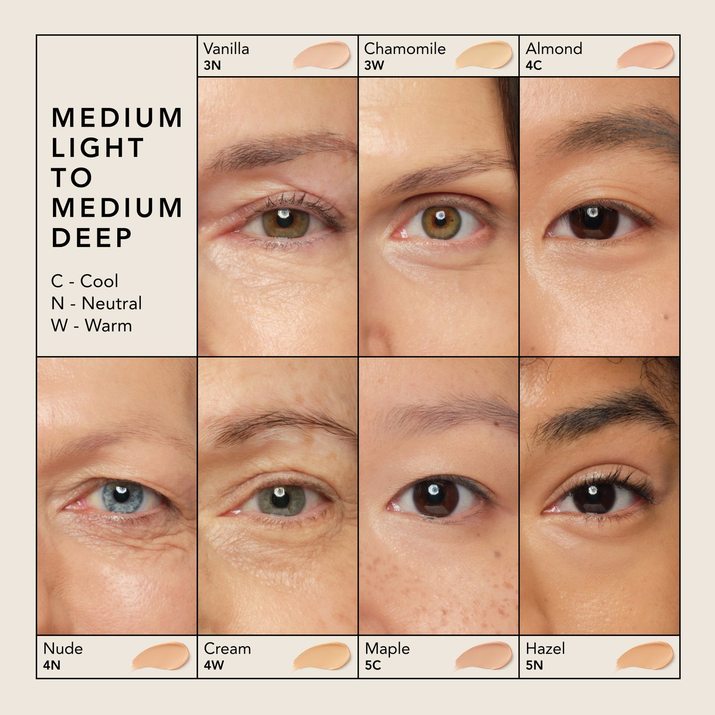 Vanilla, Chamomile, Almond, Nude, Cream, Maple. Hazel