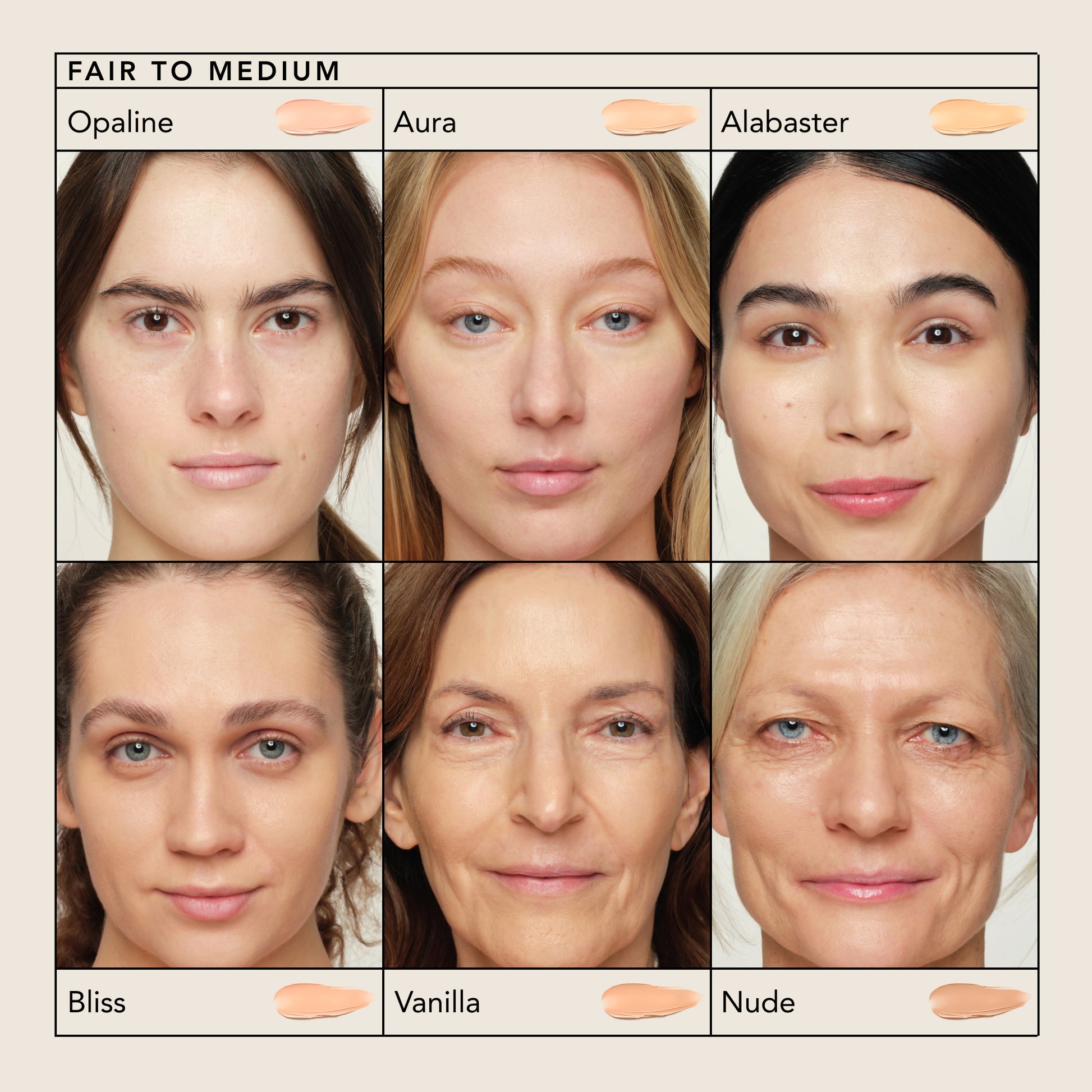 Opaline, Aura, Alabaster, Bliss, Vanilla, Nude