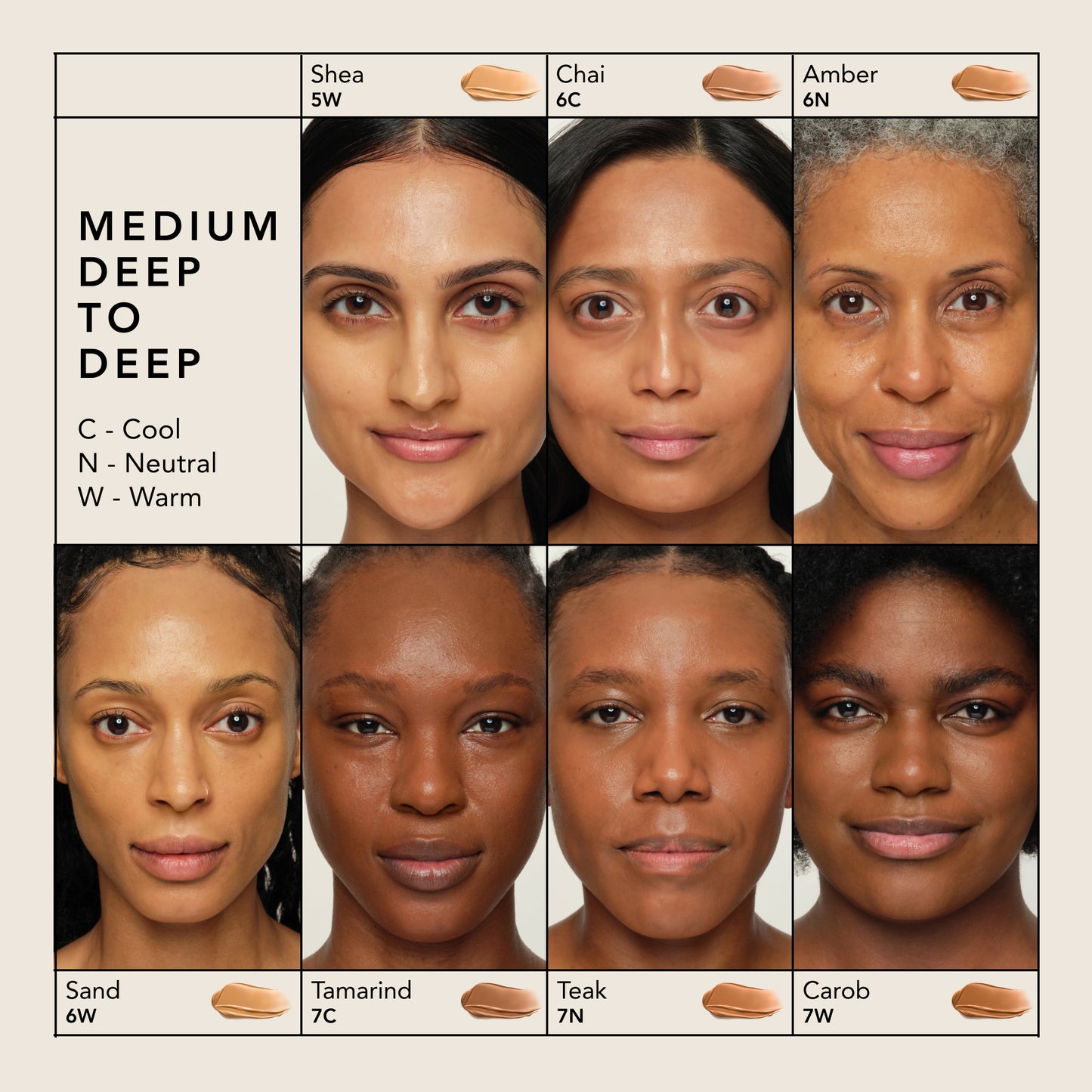 Shea, Chai, Amber, Sand, Tamarind, Teak, Carob